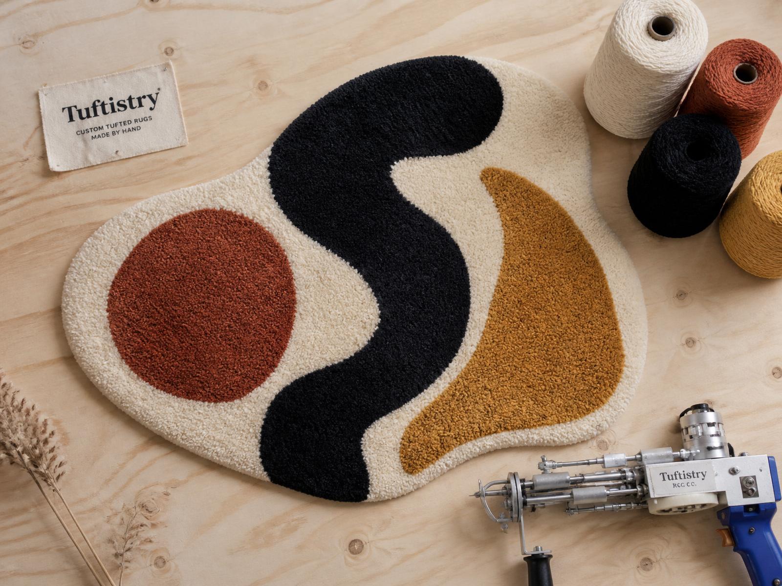 Custom tufted wool rug by Tuftistry in bone, ink, rust and warm gold, photographed on a plywood studio surface with yarn spools and a tufting gun