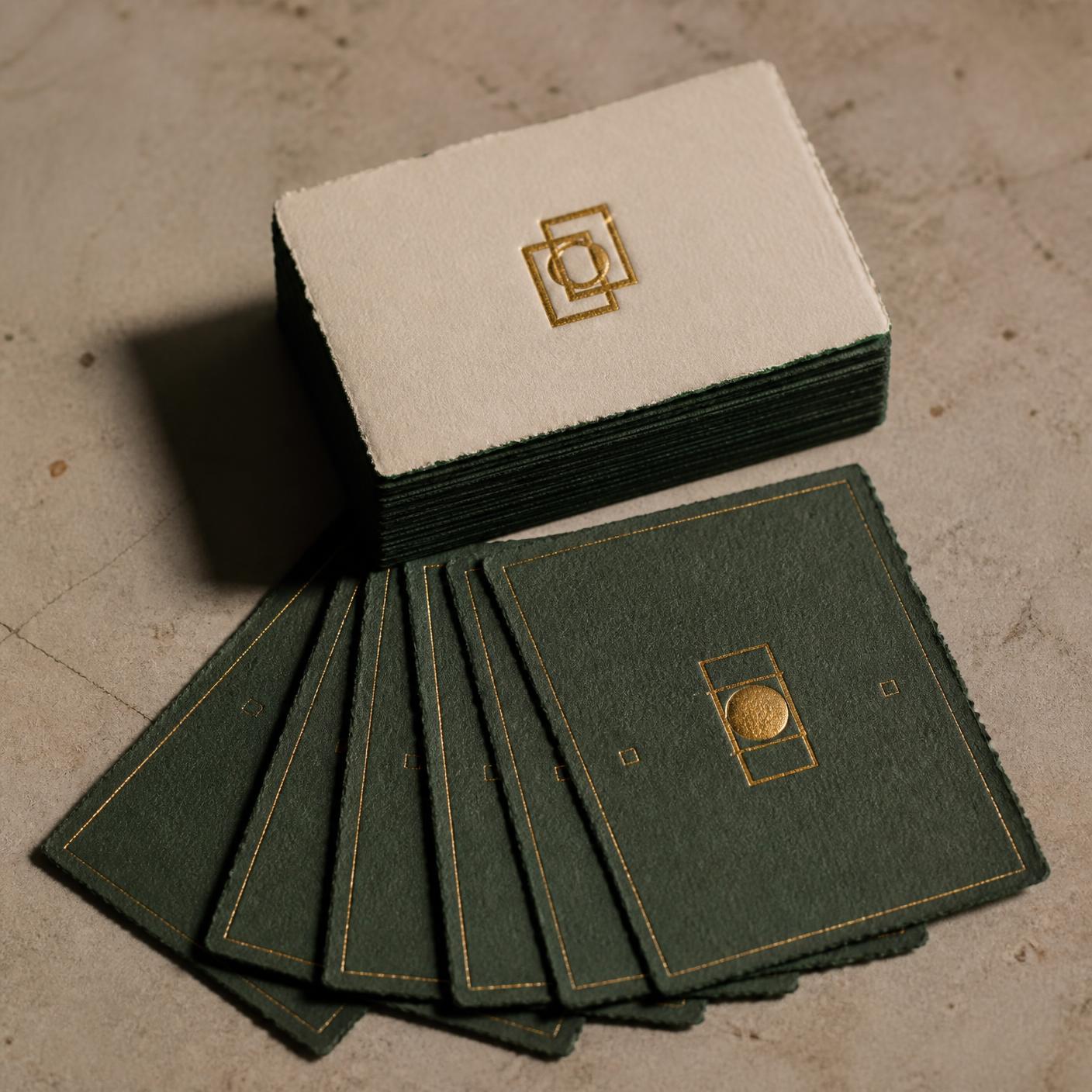 Stacked and fanned premium business cards with painted edges and foil-stamped monogram