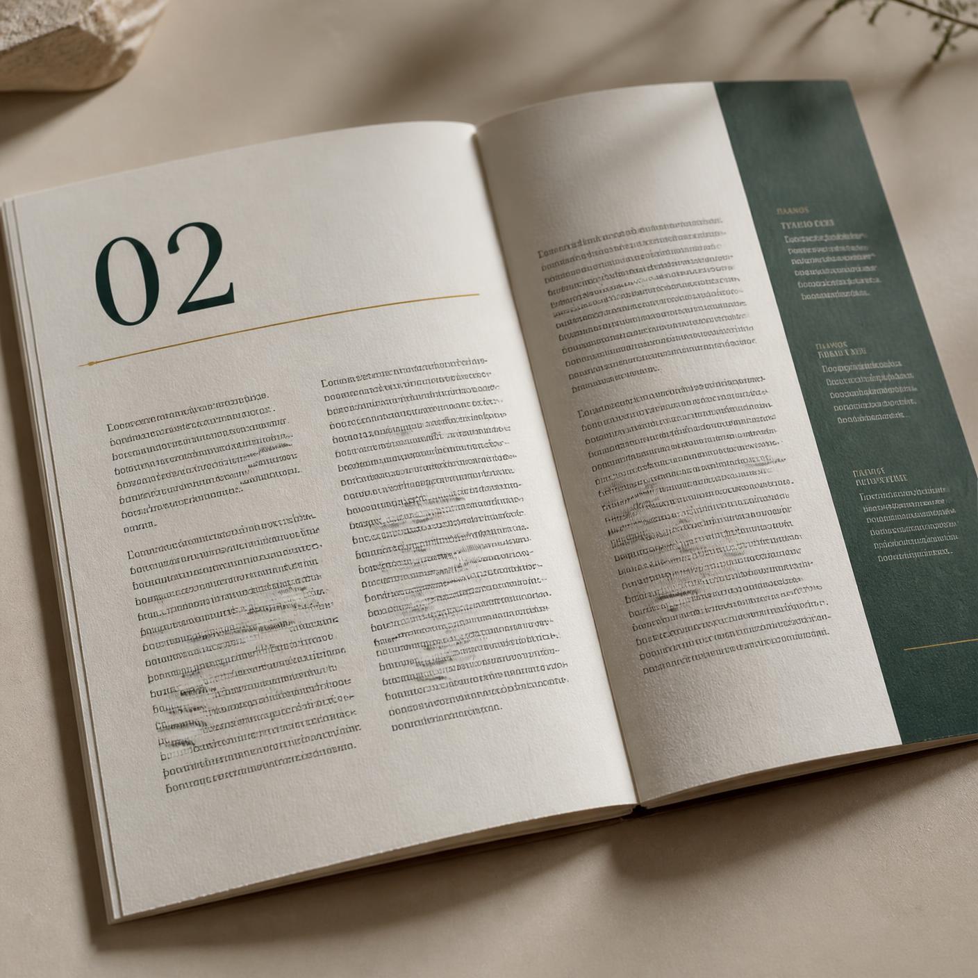 Editorial capability statement brochure spread showing chapter numbering, two-column body and a coloured sidebar