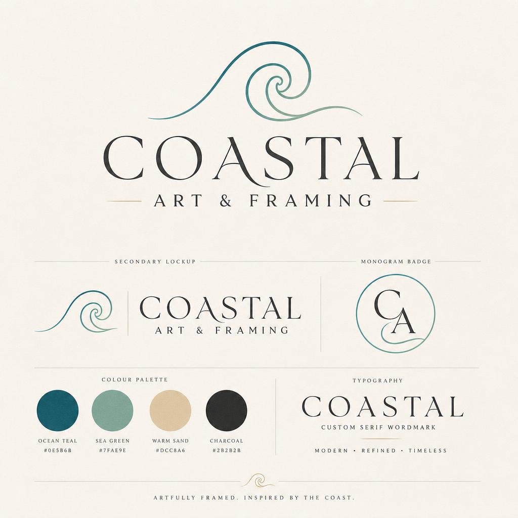 Refined wave mark and custom serif wordmark for Coastal Art & Framing