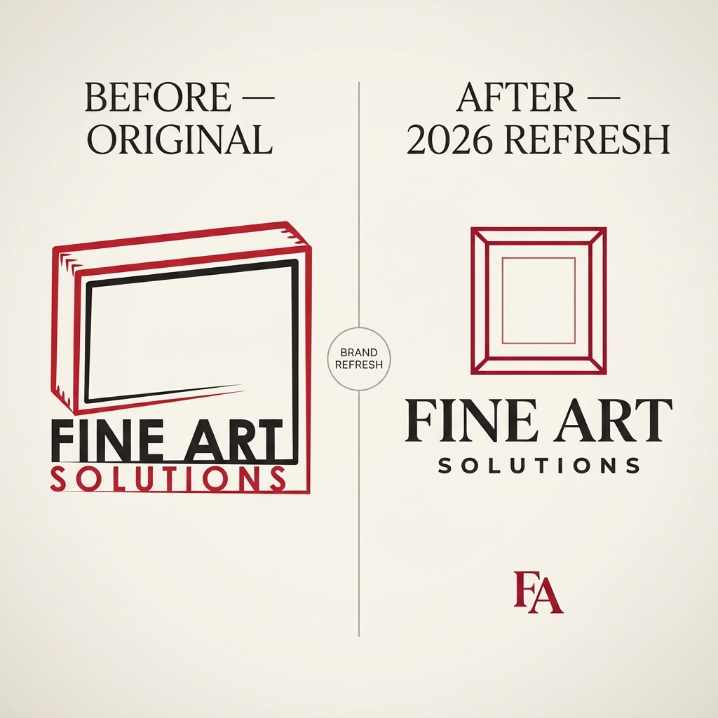 Refined frame mark and editorial serif wordmark for Fine Art Solutions