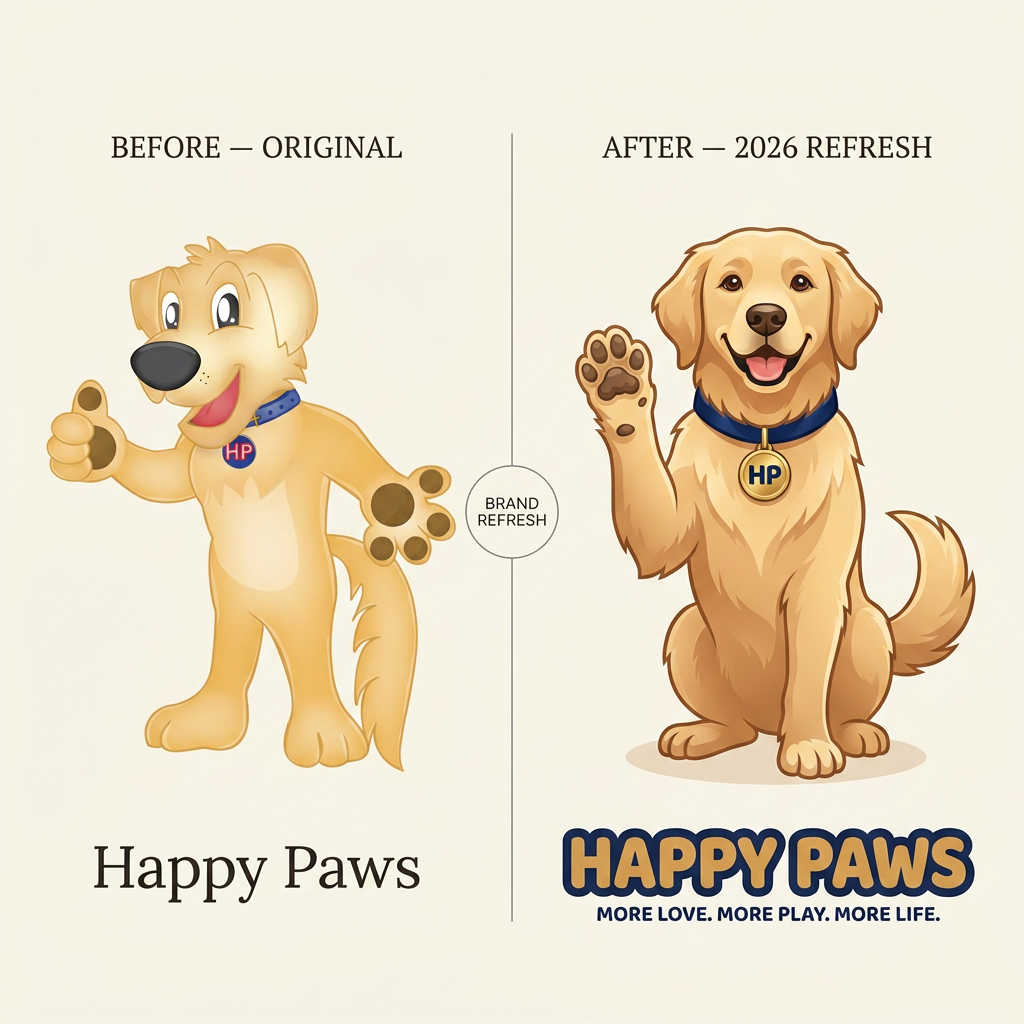 Modern mascot illustration and wordmark for Happy Paws dog grooming brand