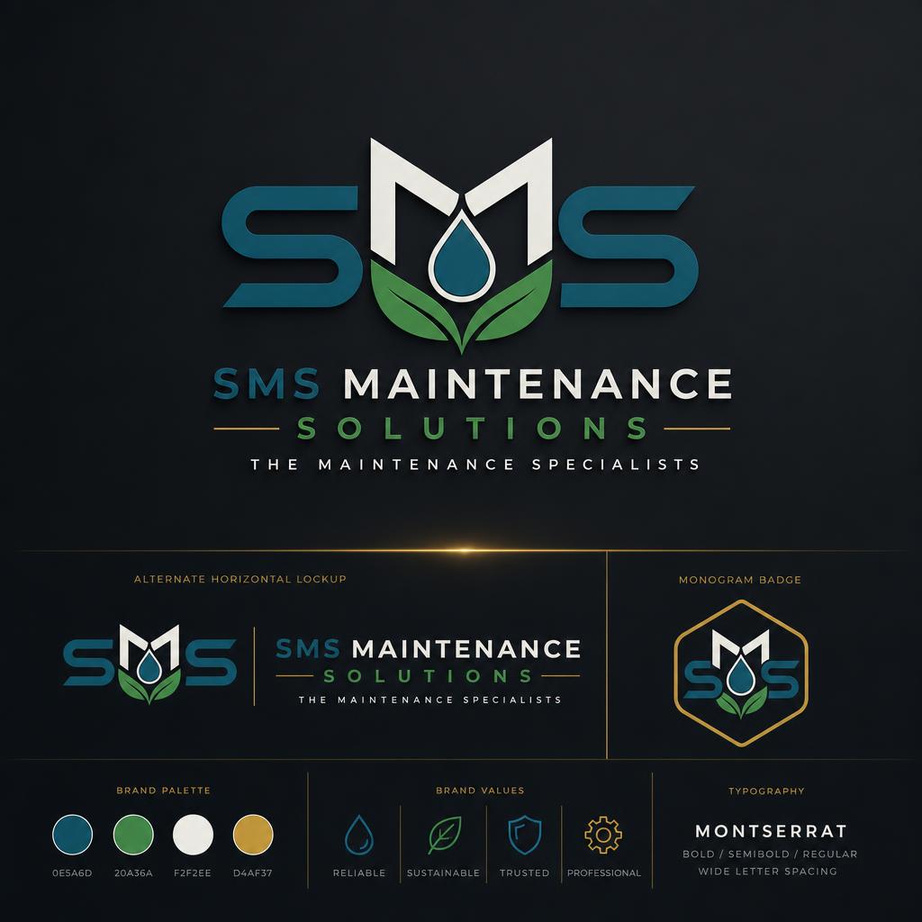 Modernised logo mark and wordmark for SMS Maintenance Solutions on a dark presentation board