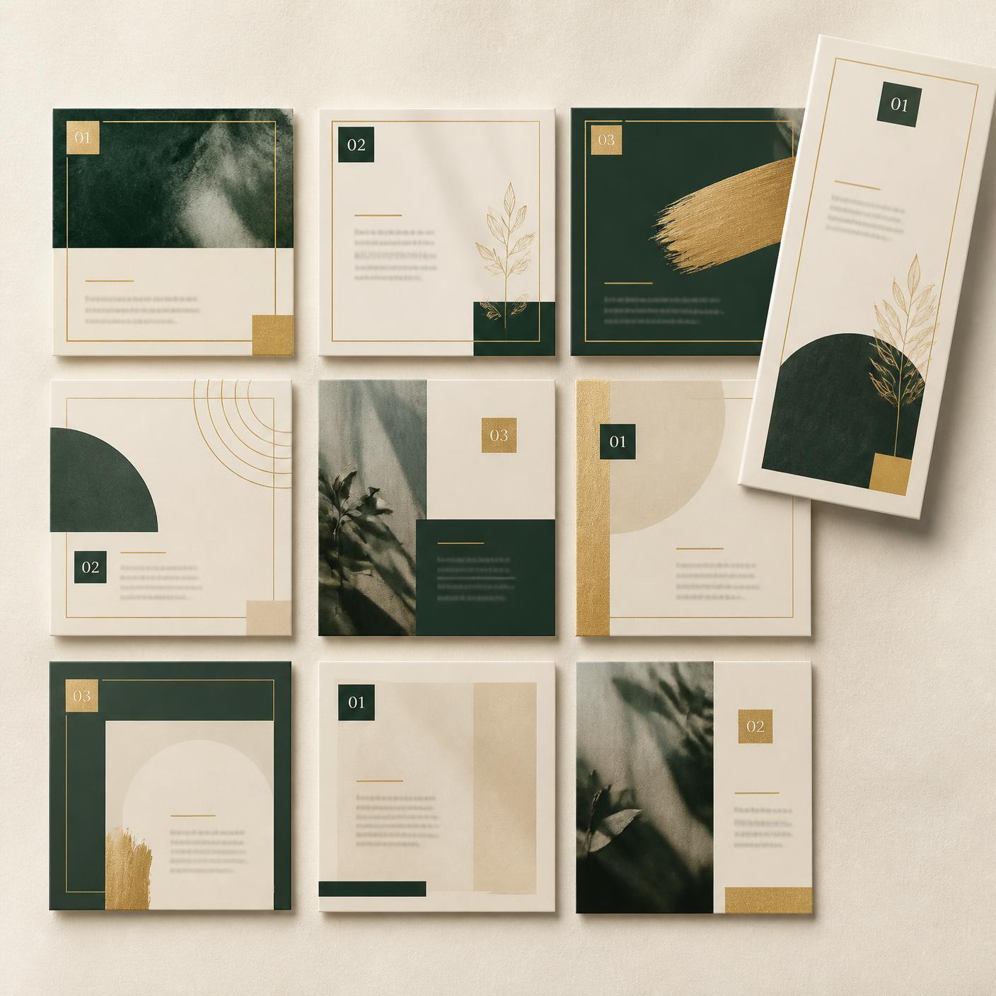 Flat lay of a nine-tile social media content pack with a story-format template